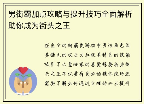 男街霸加点攻略与提升技巧全面解析助你成为街头之王